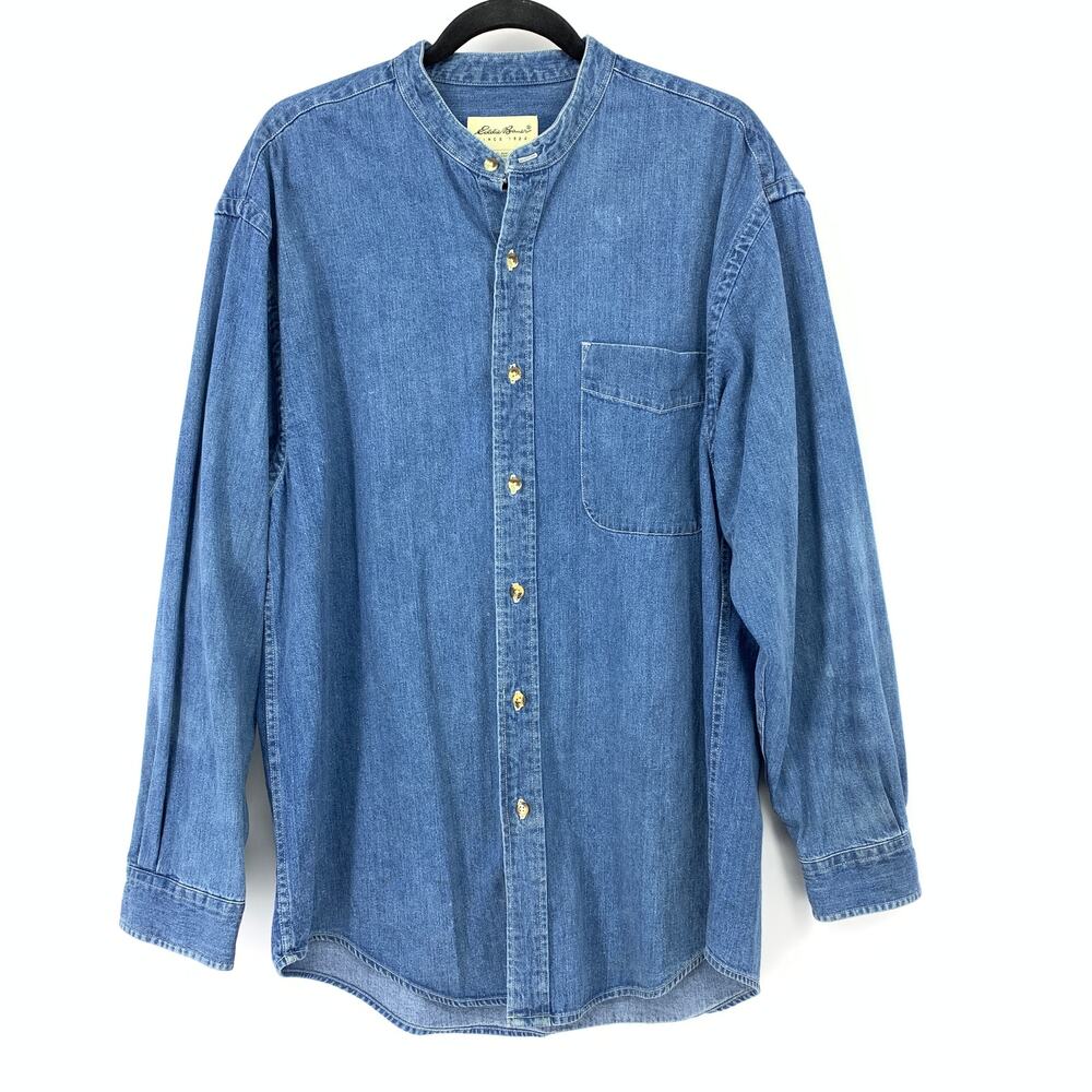 Vintage Eddie Bauer Long Sleeve Button Front Collarless Shirt Mens Sz M Blue